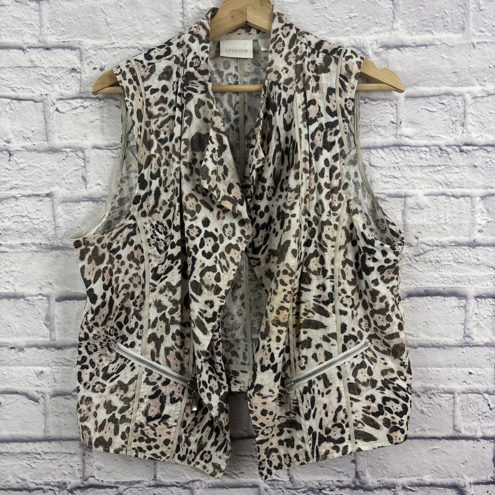 Chicos Size 2‎ Linen Rayon Open Front Jacket Zip Pockets Animal Print Medium